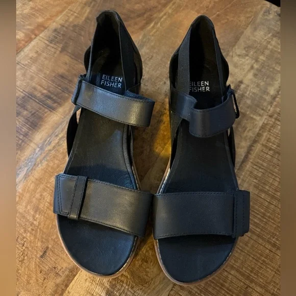 NWT Eileen Fisher Luck Smooth Leather Wedge Sandals, Size 7.5 - Picture 4 of 5